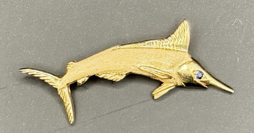 14k Yellow Gold Marlin Fish Pin with Sapphire Eye